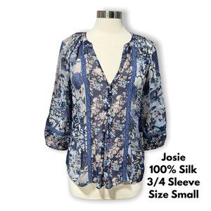 Joie Boho Pesant Style 3/4 Sleeve Blue Floral Abstract 100% Silk Top Small
